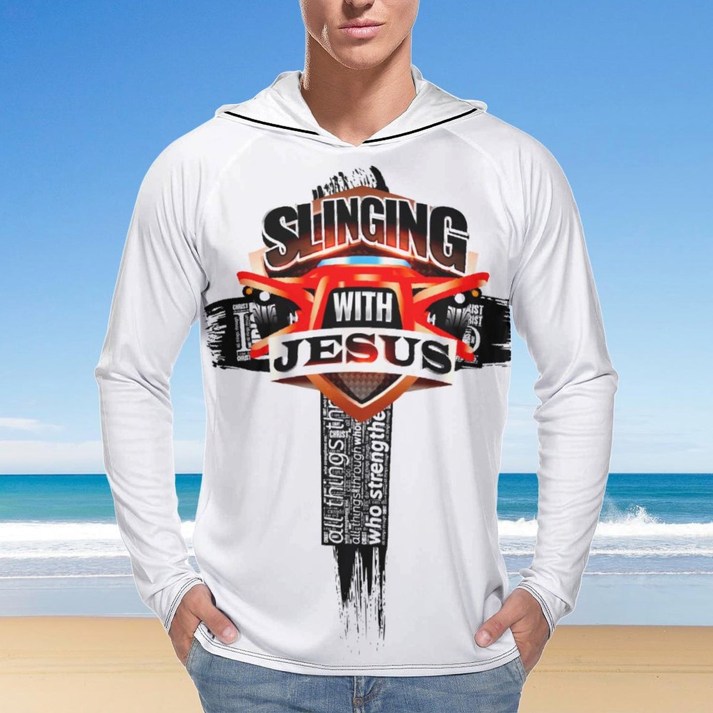 Slinging for Jesus Long Sleeve Sun Protection Hoodie - White