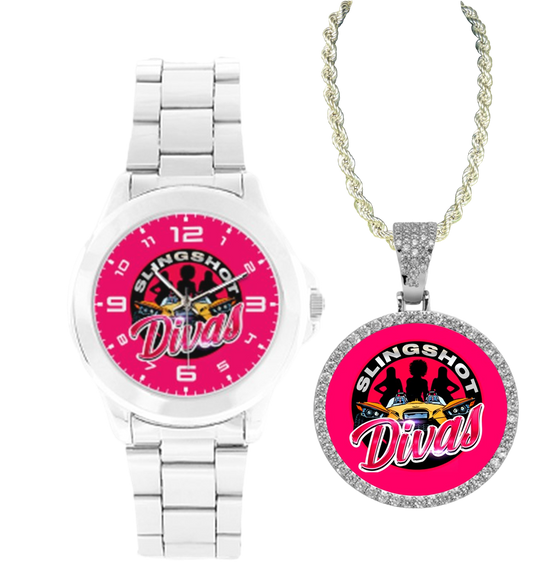 R4L Slingshot Diva Stainless Steel Watch and Rhinestone Pendant Set - 3 Colors