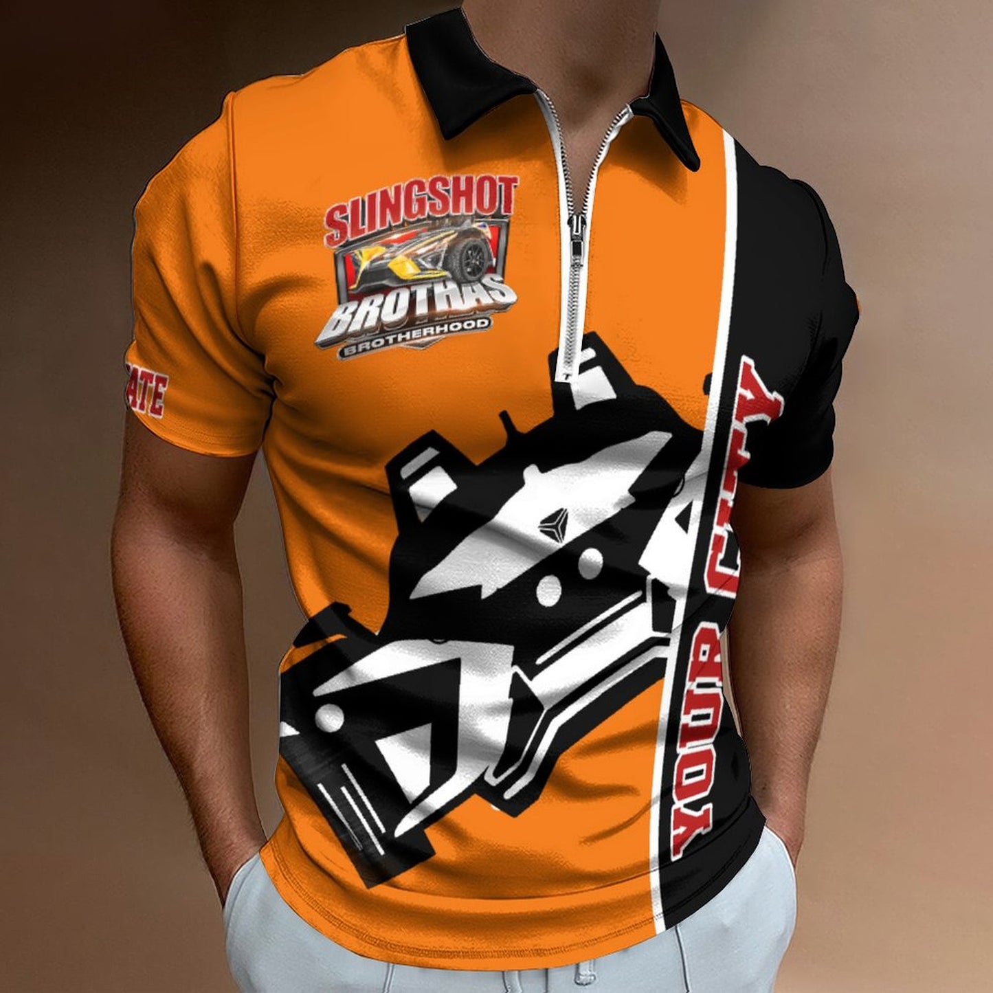 R4L Slingshot Brothas Customizable Short-Sleeve Zip Polo Shirt - 7 Colors - Add your City (Front) and State (Right Sleeve)