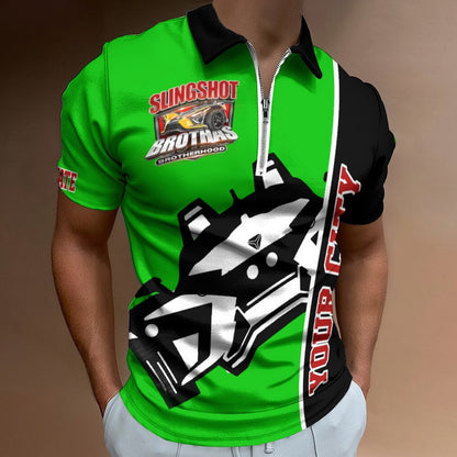 R4L Slingshot Brothas Customizable Short-Sleeve Zip Polo Shirt - 7 Colors - Add your City (Front) and State (Right Sleeve)