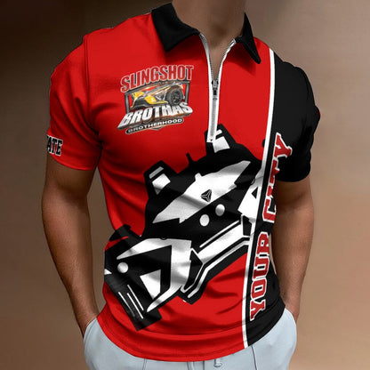 R4L Slingshot Brothas Customizable Short-Sleeve Zip Polo Shirt - 7 Colors - Add your City (Front) and State (Right Sleeve)