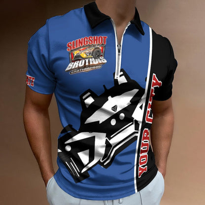 R4L Slingshot Brothas Customizable Short-Sleeve Zip Polo Shirt - 7 Colors - Add your City (Front) and State (Right Sleeve)