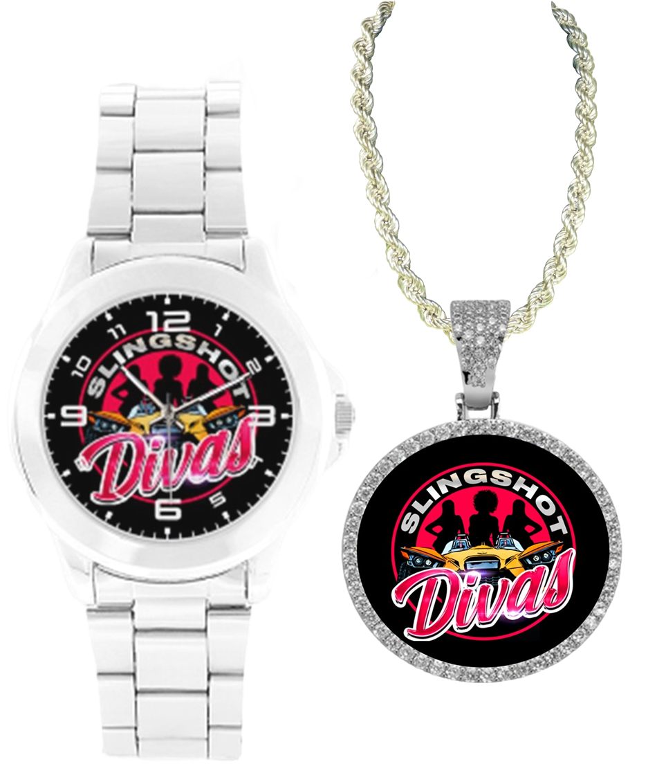 R4L Slingshot Diva Stainless Steel Watch and Rhinestone Pendant Set - 3 Colors