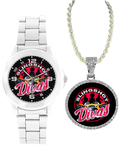R4L Slingshot Diva Stainless Steel Watch and Rhinestone Pendant Set - 3 Colors