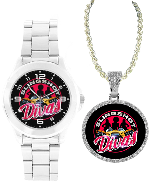 R4L Slingshot Diva Stainless Steel Watch and Rhinestone Pendant Set - 3 Colors