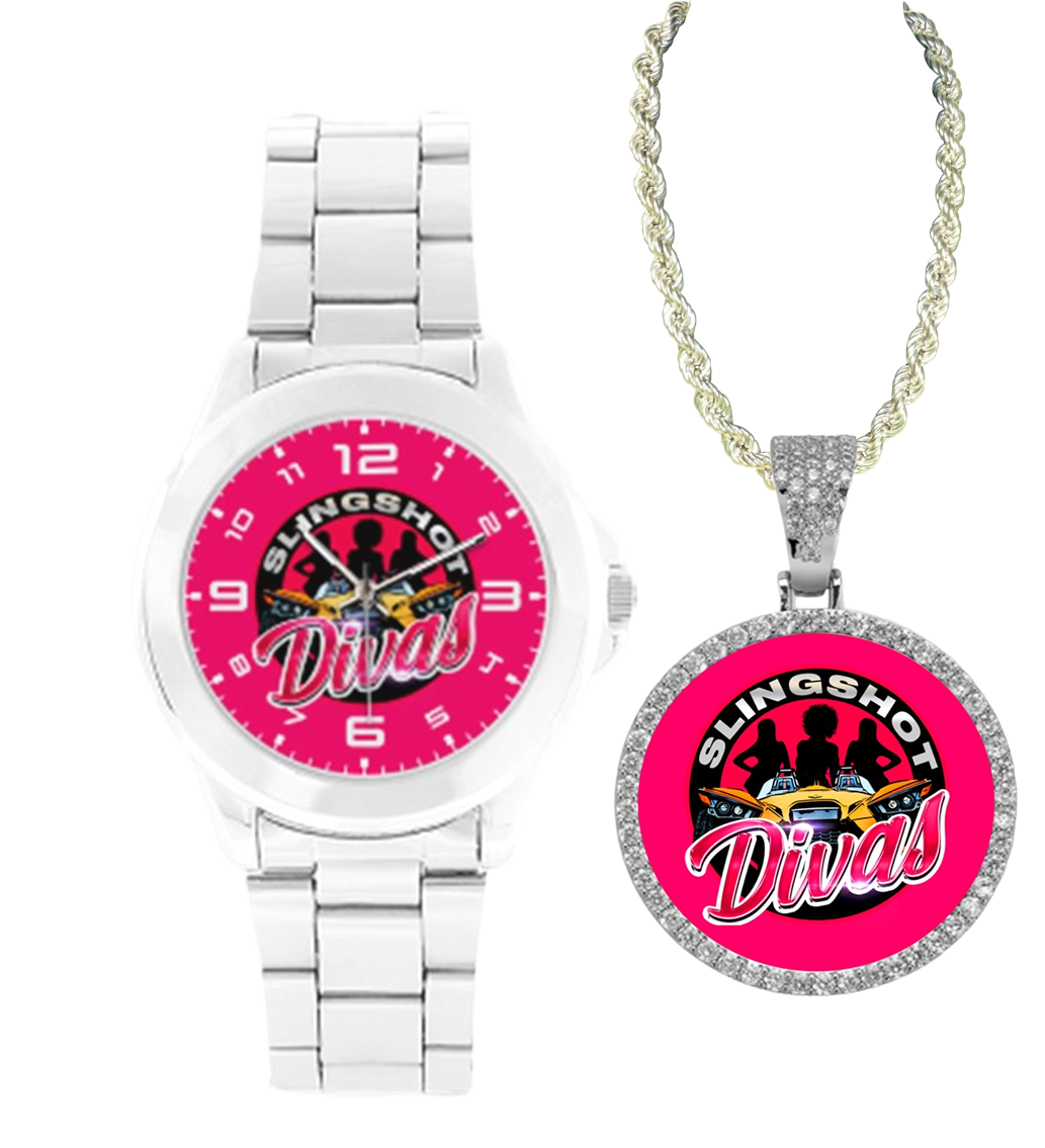 R4L Slingshot Diva Stainless Steel Watch and Rhinestone Pendant Set - 3 Colors
