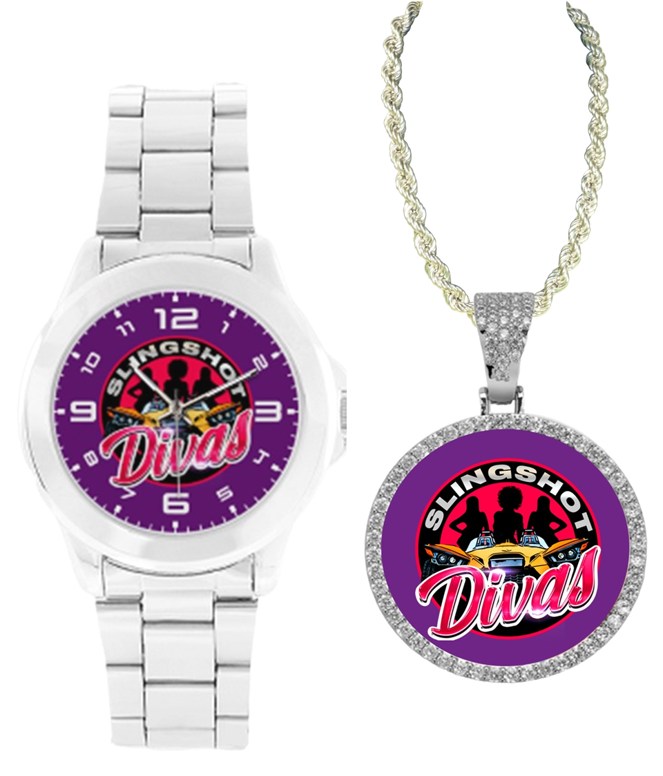 R4L Slingshot Diva Stainless Steel Watch and Rhinestone Pendant Set - 3 Colors