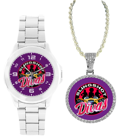 R4L Slingshot Diva Stainless Steel Watch and Rhinestone Pendant Set - 3 Colors