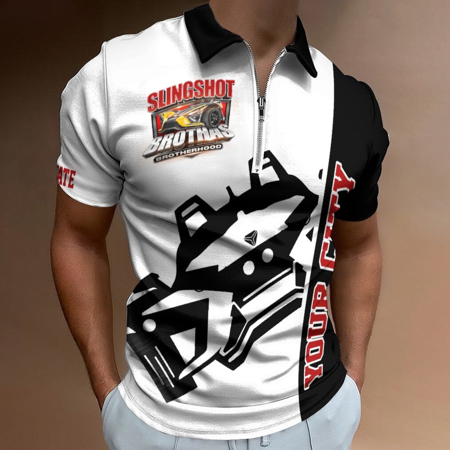 R4L Slingshot Brothas Customizable Short-Sleeve Zip Polo Shirt - 7 Colors - Add your City (Front) and State (Right Sleeve)